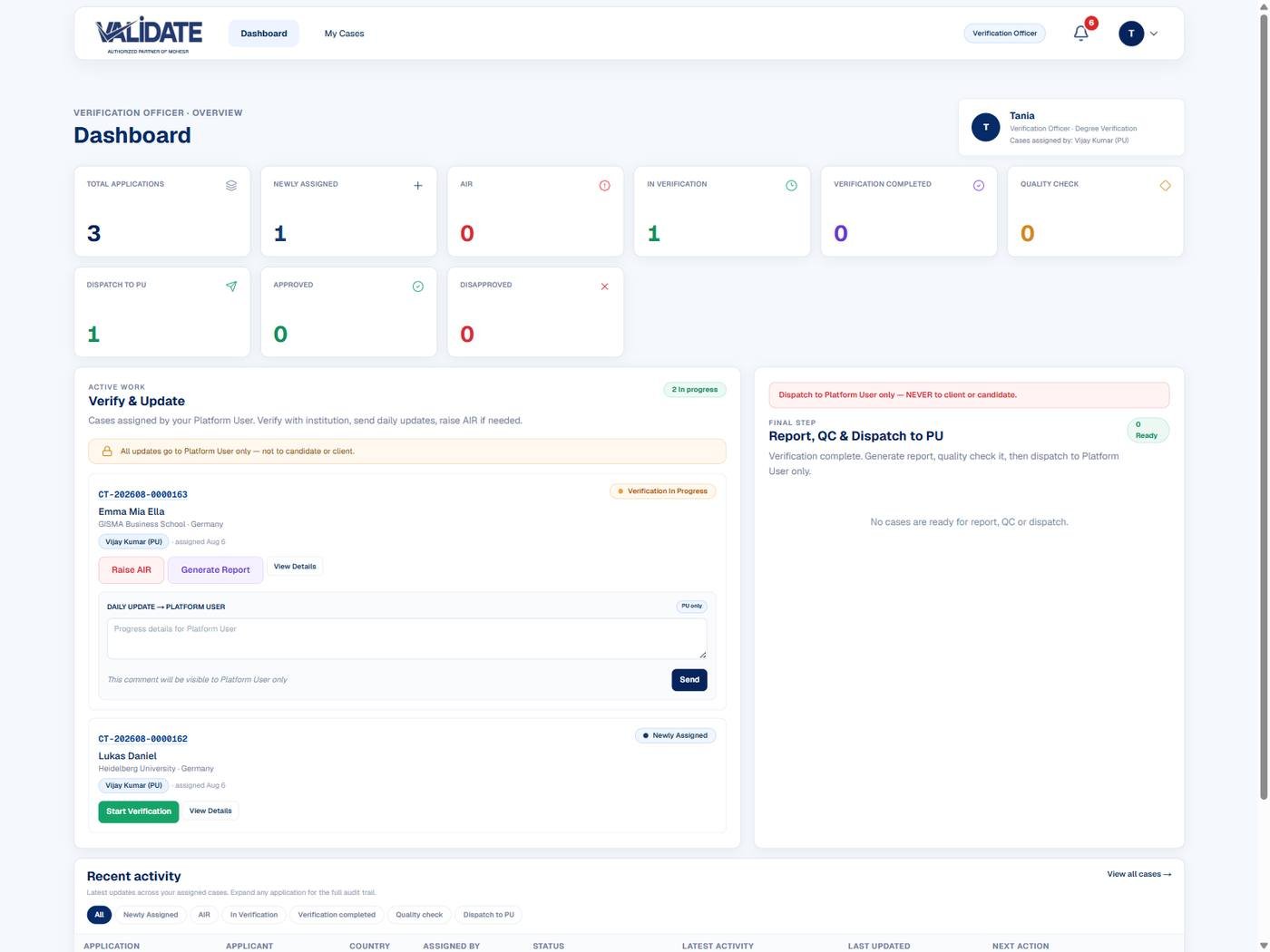 Degree Verification Platform evidence thumbnail - Verification Officer dashboard