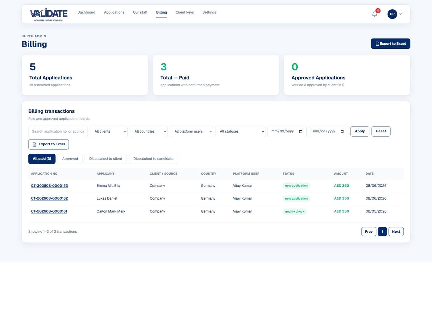 Degree Verification Platform evidence thumbnail - Billing visibility
