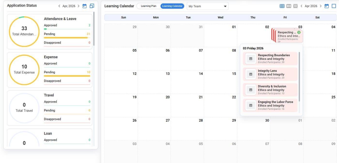 People-i Enterprise HRMS product experience - Dashboard Learning Calendar Weekly 1