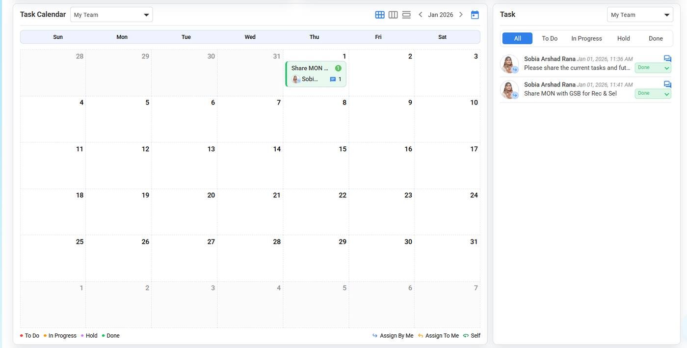 People-i Enterprise HRMS product experience - Dashboard Task Calendar Monthly 1