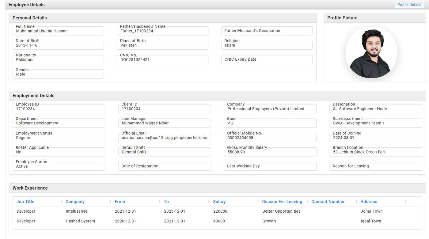 People-i Enterprise HRMS product experience - Employee Profile Cv View 1